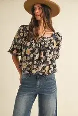 Anniewear Flower Print Ballon Hem Square Neck Top