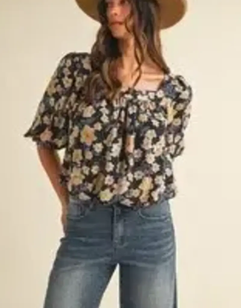 Anniewear Flower Print Ballon Hem Square Neck Top