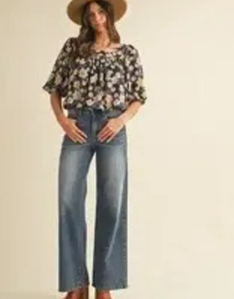 Anniewear Flower Print Ballon Hem Square Neck Top