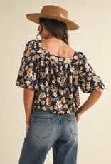 Anniewear Flower Print Ballon Hem Square Neck Top