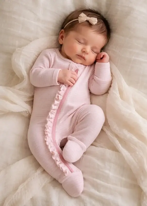 509 Broadway Pink Stripe Ribbed Frill 2-Way Zip Footie