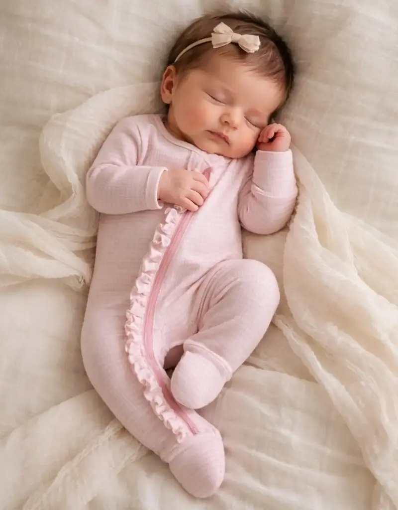 509 Broadway Pink Stripe Ribbed Frill 2-Way Zip Footie