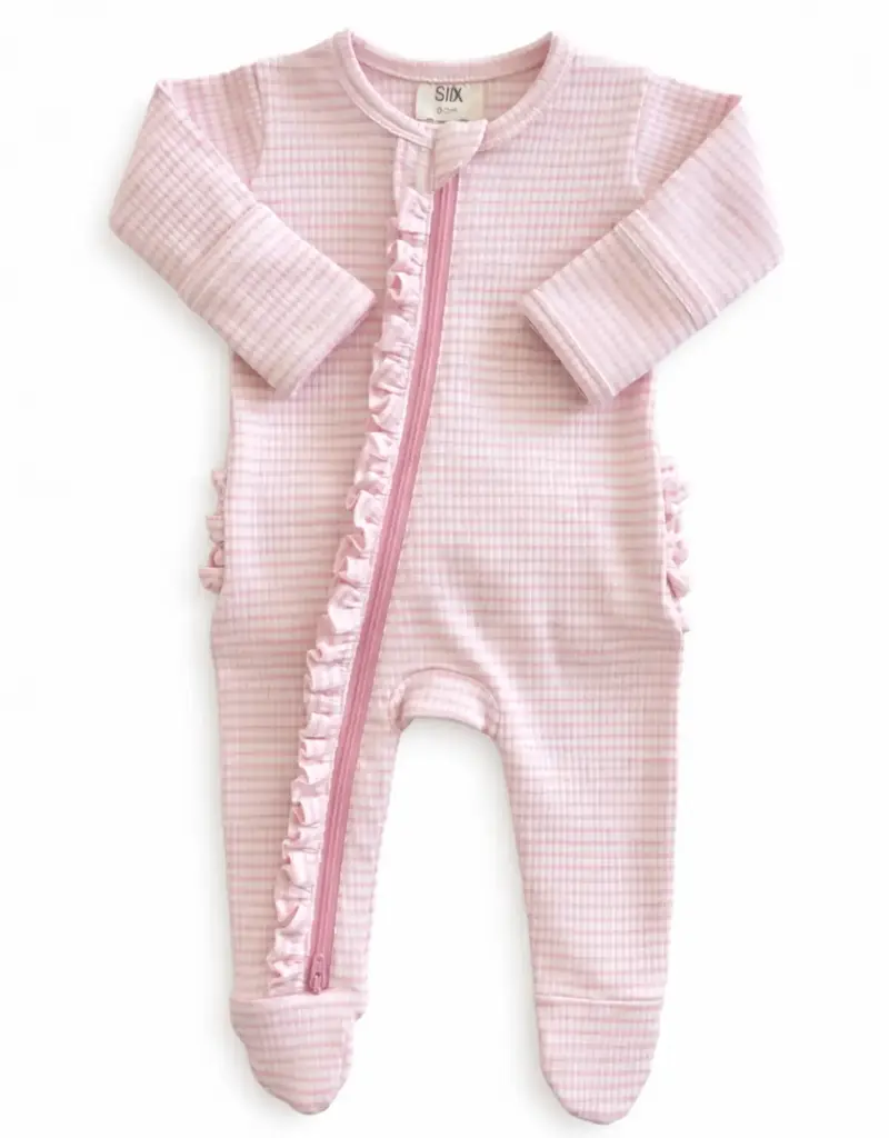 509 Broadway Pink Stripe Ribbed Frill 2-Way Zip Footie
