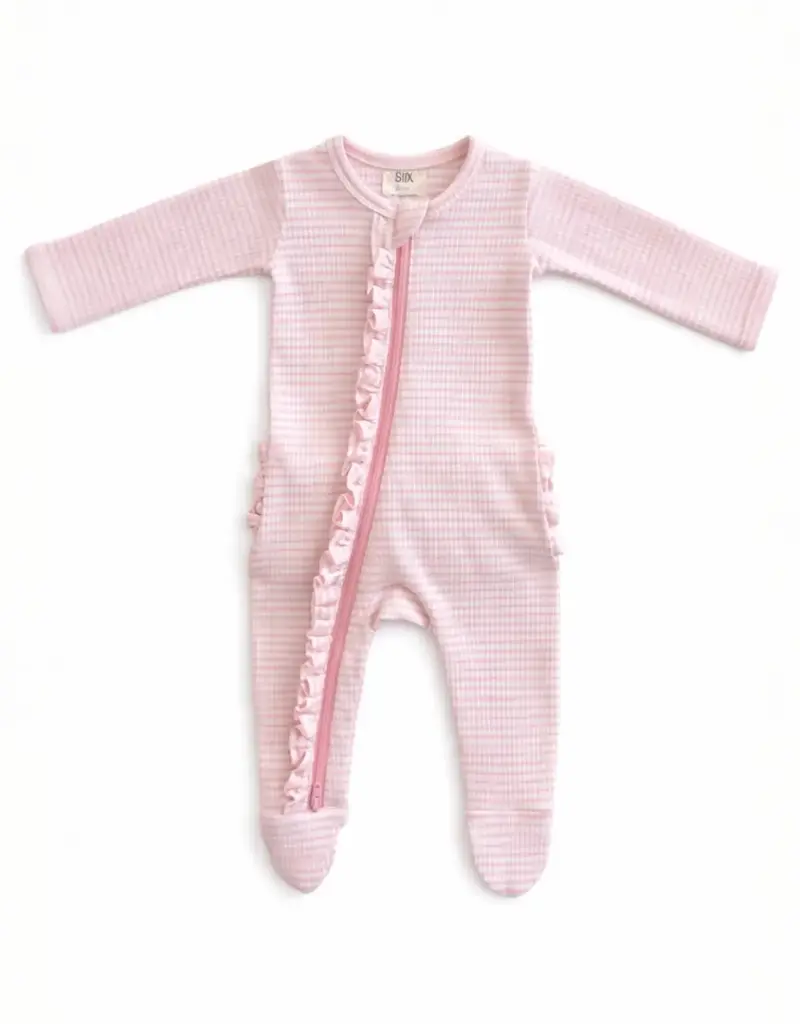 509 Broadway Pink Stripe Ribbed Frill 2-Way Zip Footie