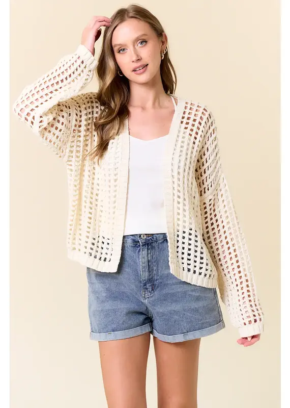 509 Broadway Crochet Fishnet Cropped Open Cardigan