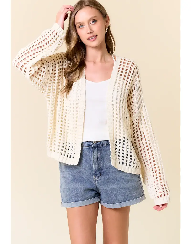 509 Broadway Crochet Fishnet Cropped Open Cardigan