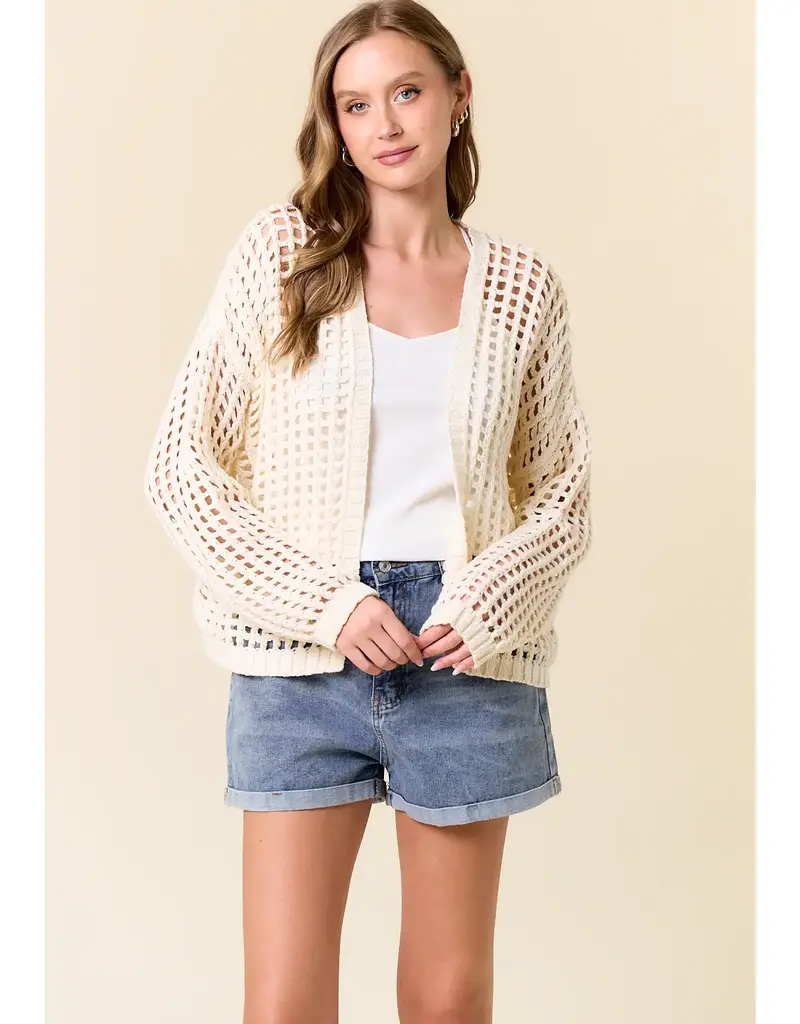 509 Broadway Crochet Fishnet Cropped Open Cardigan
