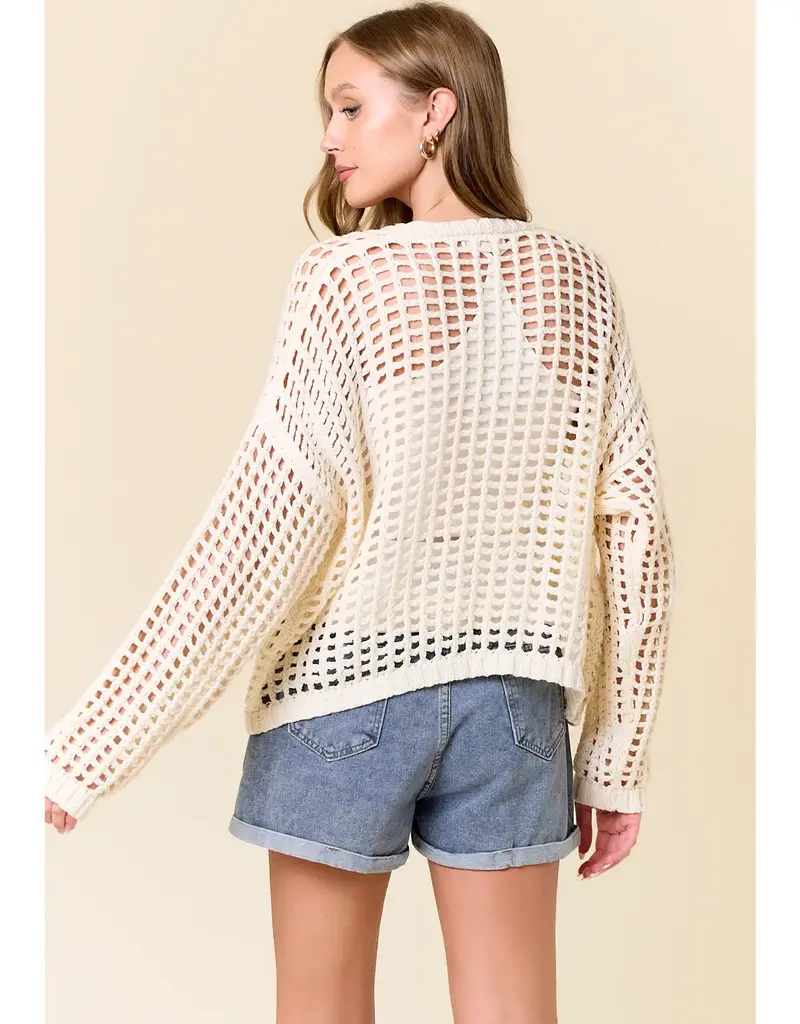 509 Broadway Crochet Fishnet Cropped Open Cardigan