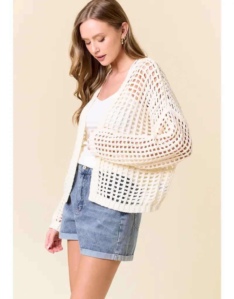 509 Broadway Crochet Fishnet Cropped Open Cardigan