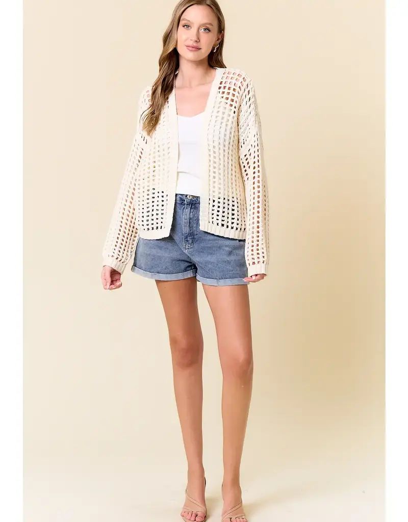509 Broadway Crochet Fishnet Cropped Open Cardigan
