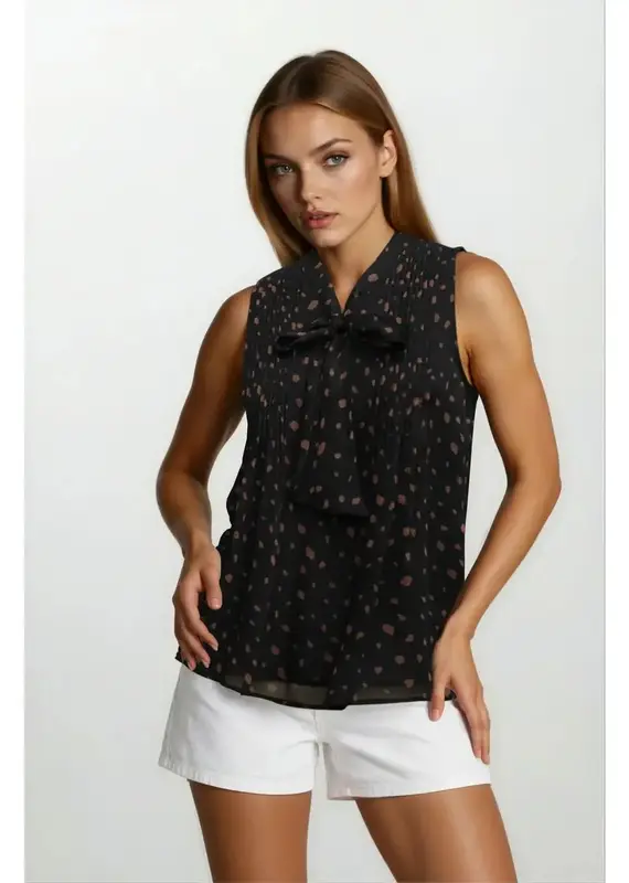 509 Broadway Yoryu Chiffon Neck Bow Sleeveless Pintuck Detail