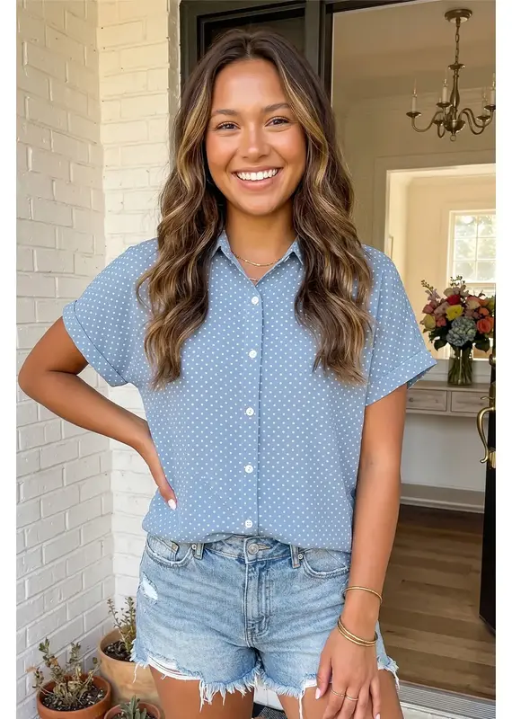 509 Broadway Polka Dot Cuffed Sleeve Top