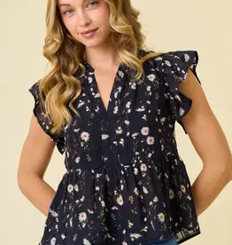 509 Broadway Floral Printed Ruffle Sleeve Top