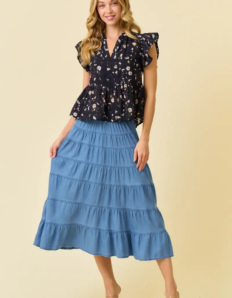 509 Broadway Floral Printed Ruffle Sleeve Top