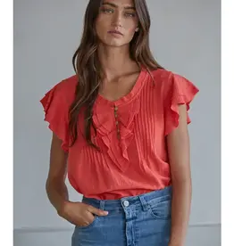 509 Broadway Woven Cotton V Neck SS Top