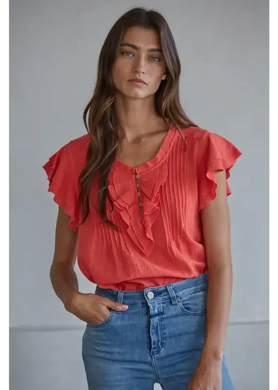 509 Broadway Woven Cotton V Neck SS Top