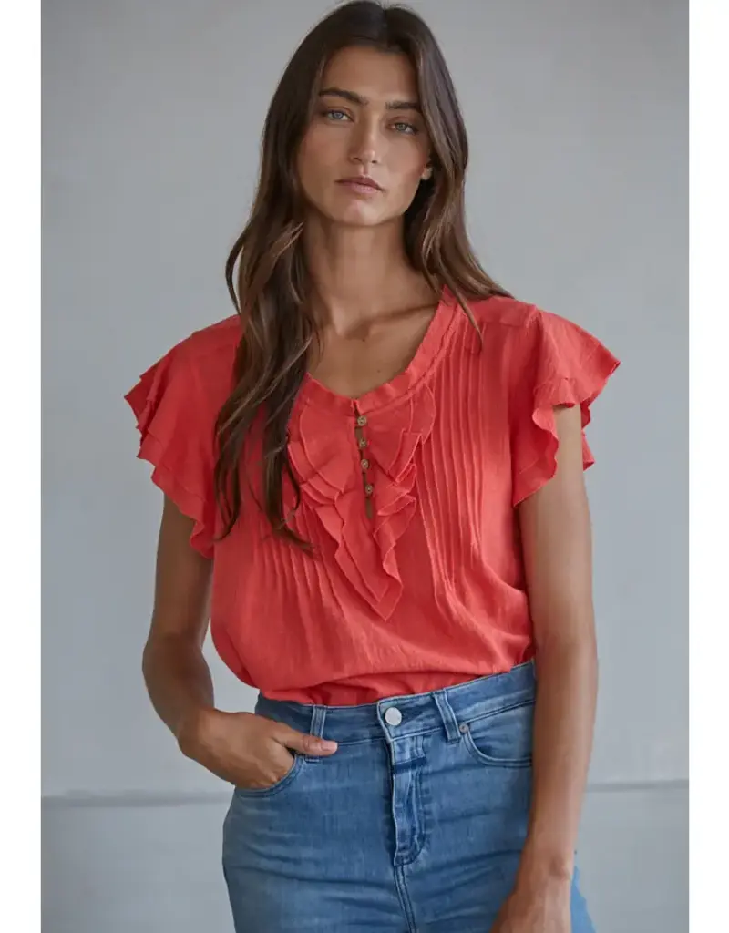 509 Broadway Woven Cotton V Neck SS Top