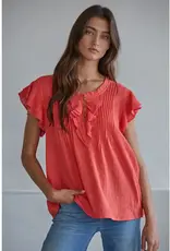 509 Broadway Woven Cotton V Neck SS Top
