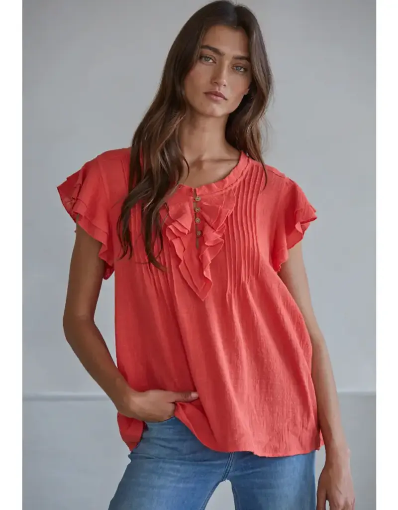 509 Broadway Woven Cotton V Neck SS Top