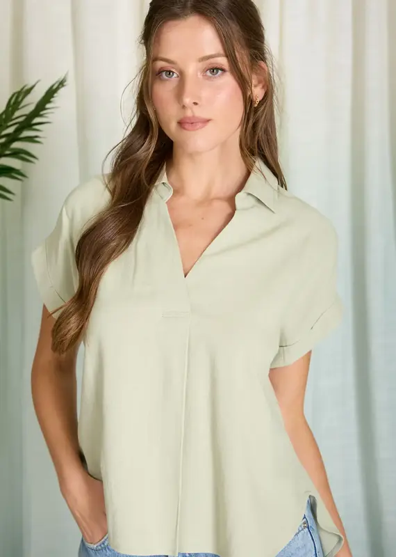 509 Broadway Collared Split Neck Linen Top