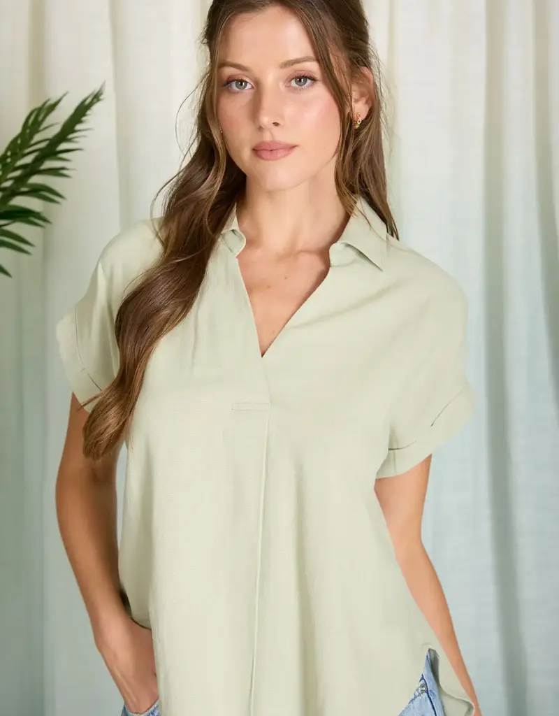 509 Broadway Collared Split Neck Linen Top