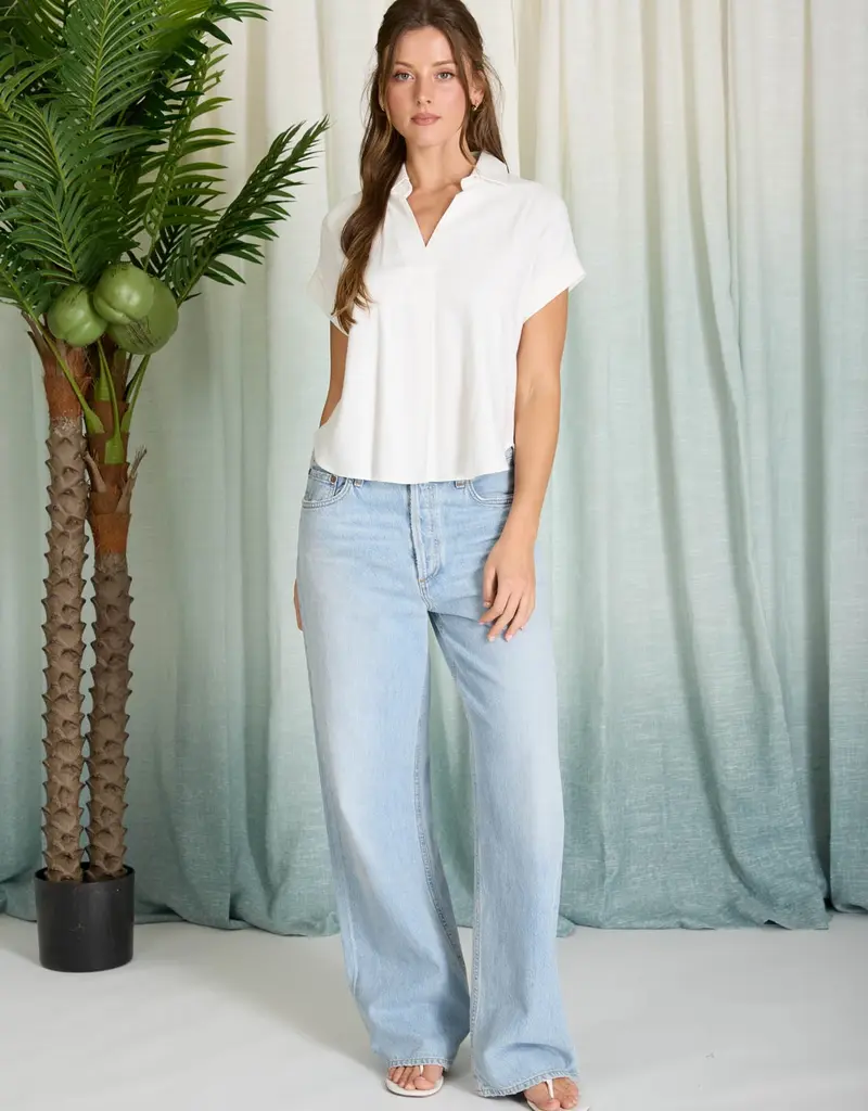 509 Broadway Collared Split Neck Linen Top