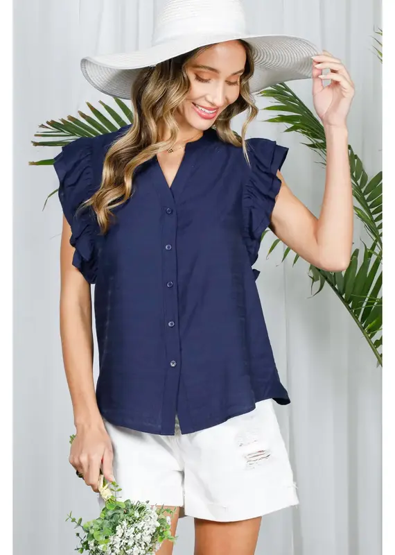 509 Broadway Split Neck Double Flutter Blouse
