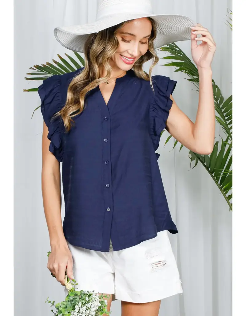 509 Broadway Split Neck Double Flutter Blouse