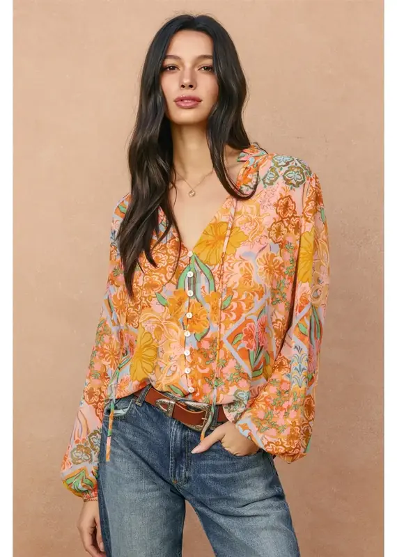 509 Broadway Paisley Balloon Shirring Blouse