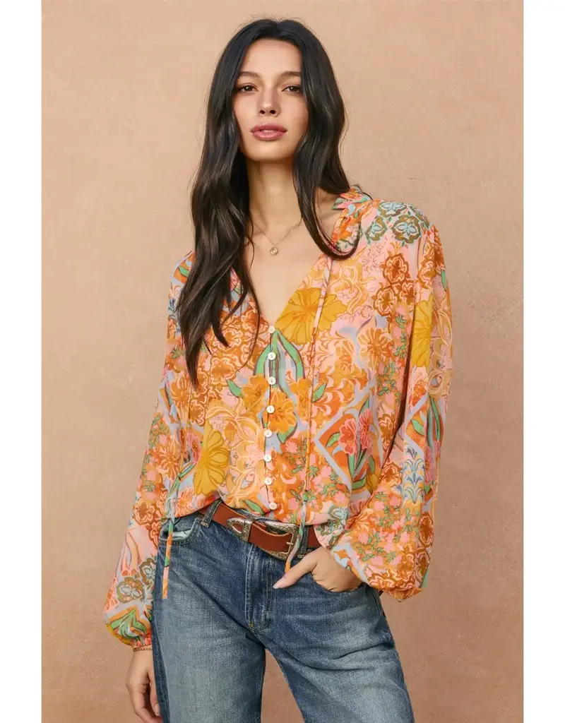 509 Broadway Paisley Balloon Shirring Blouse