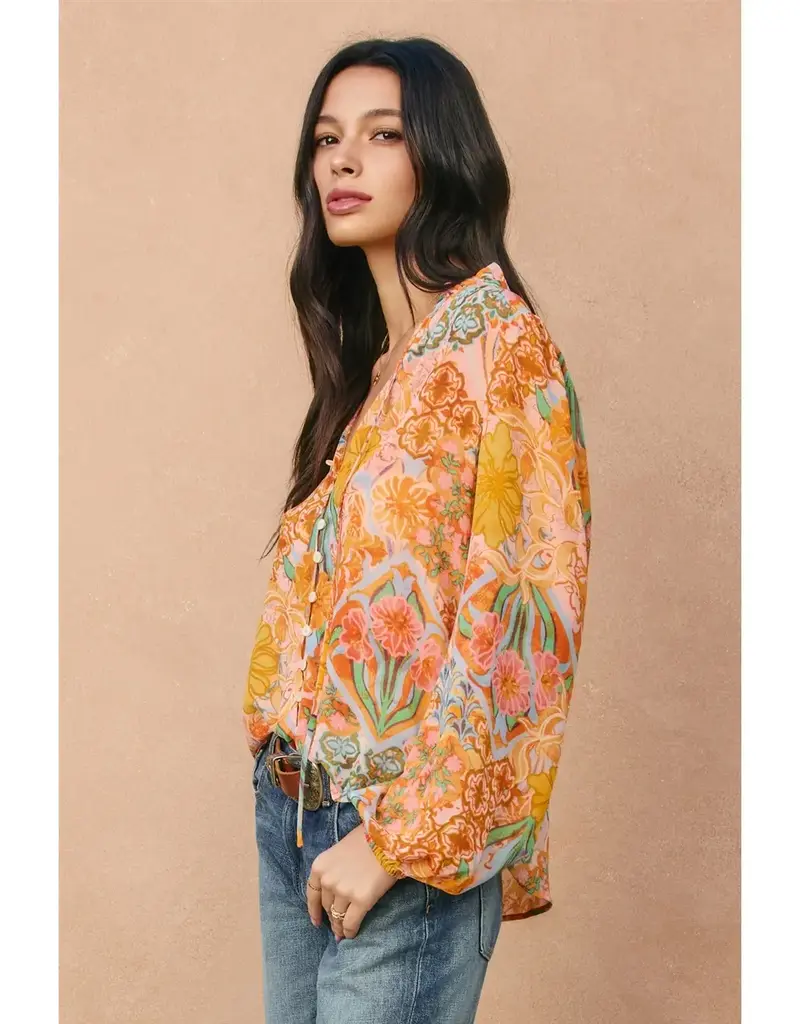 509 Broadway Paisley Balloon Shirring Blouse