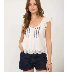 509 Broadway Embroidery Lace Trim Button Down Top