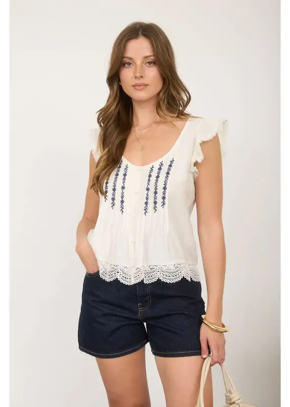 509 Broadway Embroidery Lace Trim Button Down Top