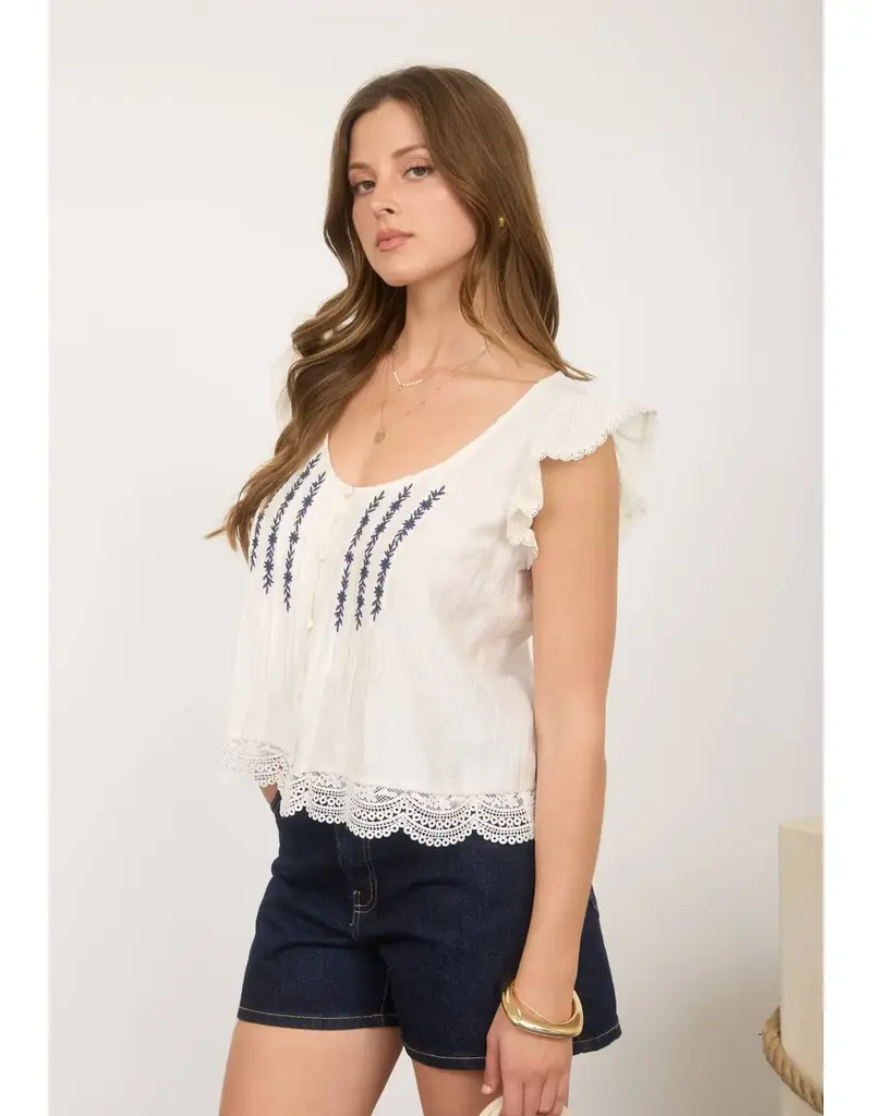 509 Broadway Embroidery Lace Trim Button Down Top