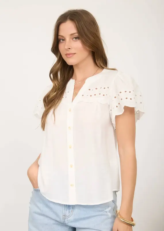 509 Broadway Eyelet Detail Button Scallop Top