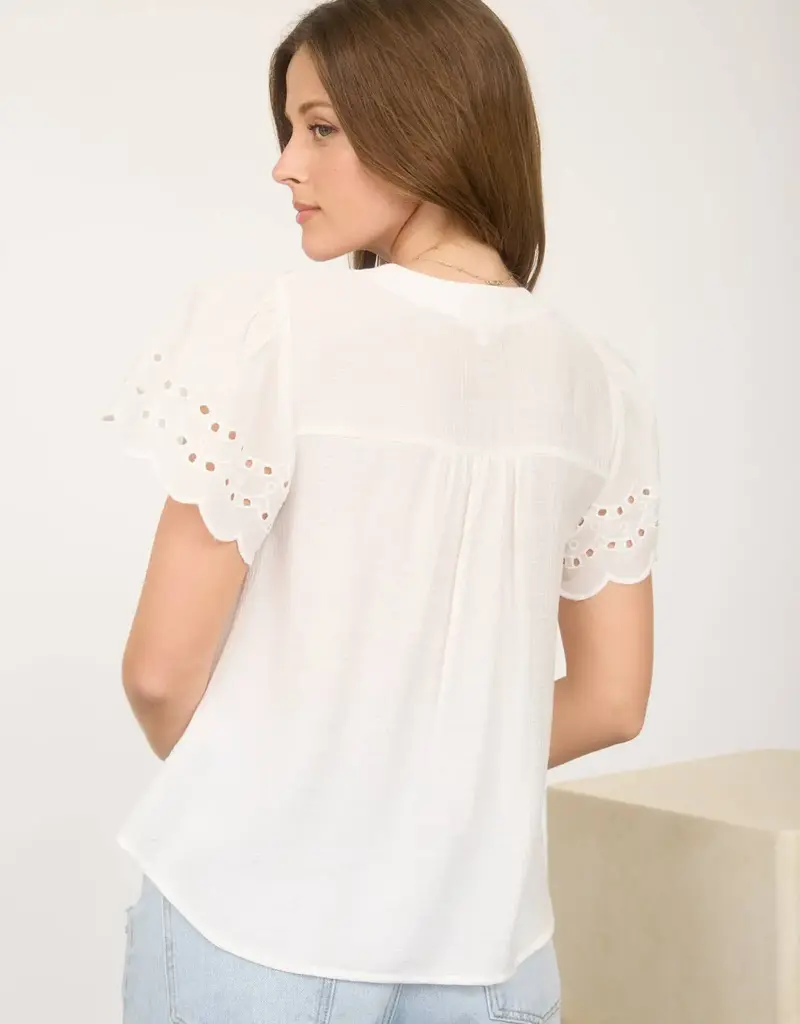 509 Broadway Eyelet Detail Button Scallop Top