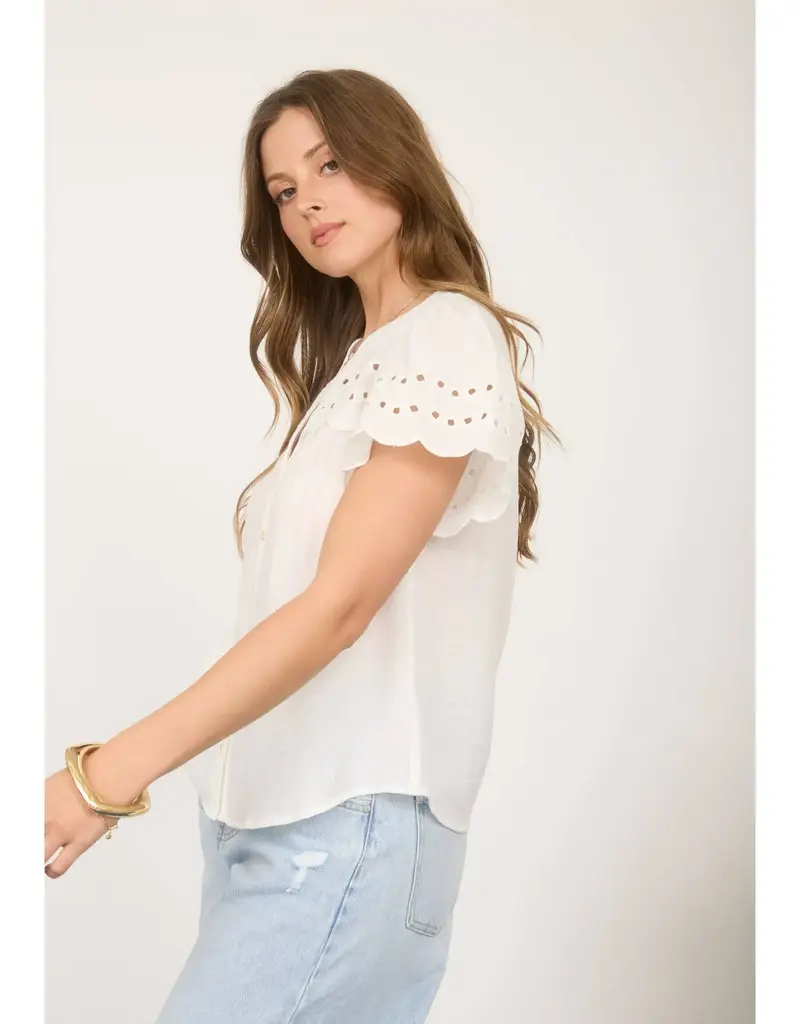 509 Broadway Eyelet Detail Button Scallop Top