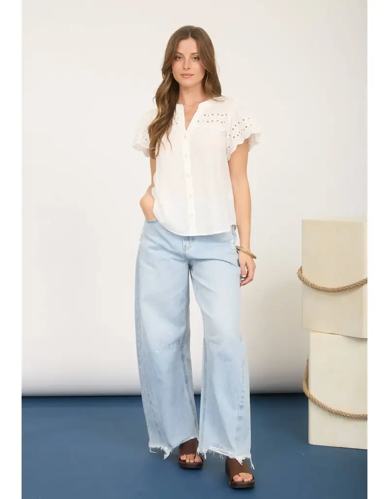 509 Broadway Eyelet Detail Button Scallop Top