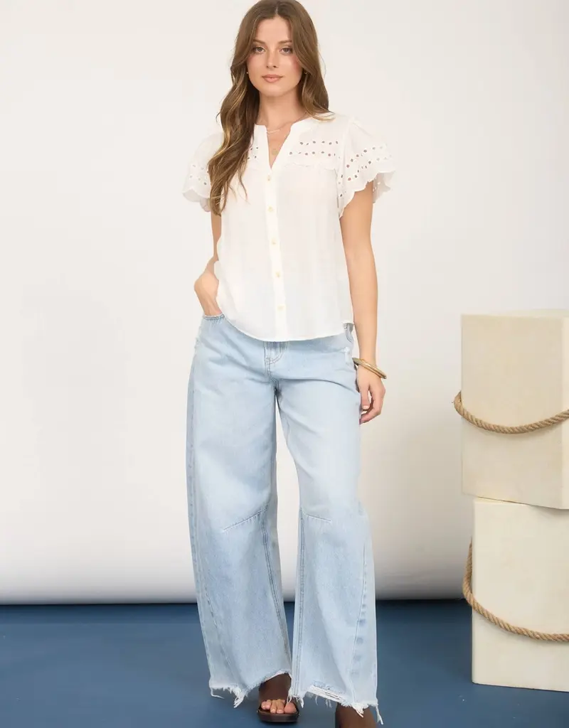 509 Broadway Eyelet Detail Button Scallop Top