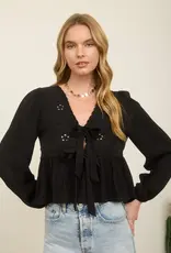 509 Broadway Floral Eyelet Front Tie L/S Top