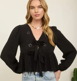 509 Broadway Floral Eyelet Front Tie L/S Top