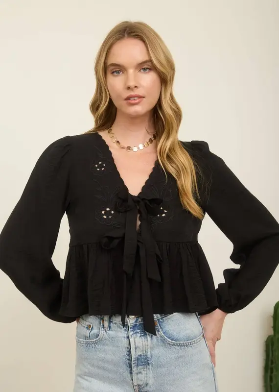 509 Broadway Floral Eyelet Front Tie L/S Top