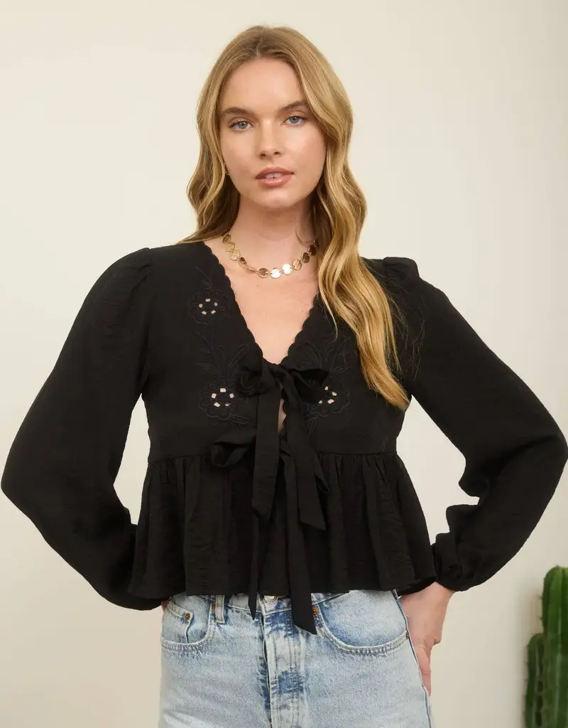 509 Broadway Floral Eyelet Front Tie L/S Top