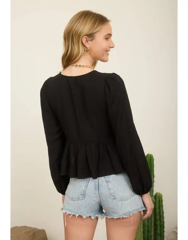 509 Broadway Floral Eyelet Front Tie L/S Top