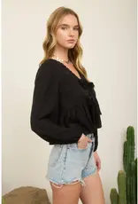 509 Broadway Floral Eyelet Front Tie L/S Top