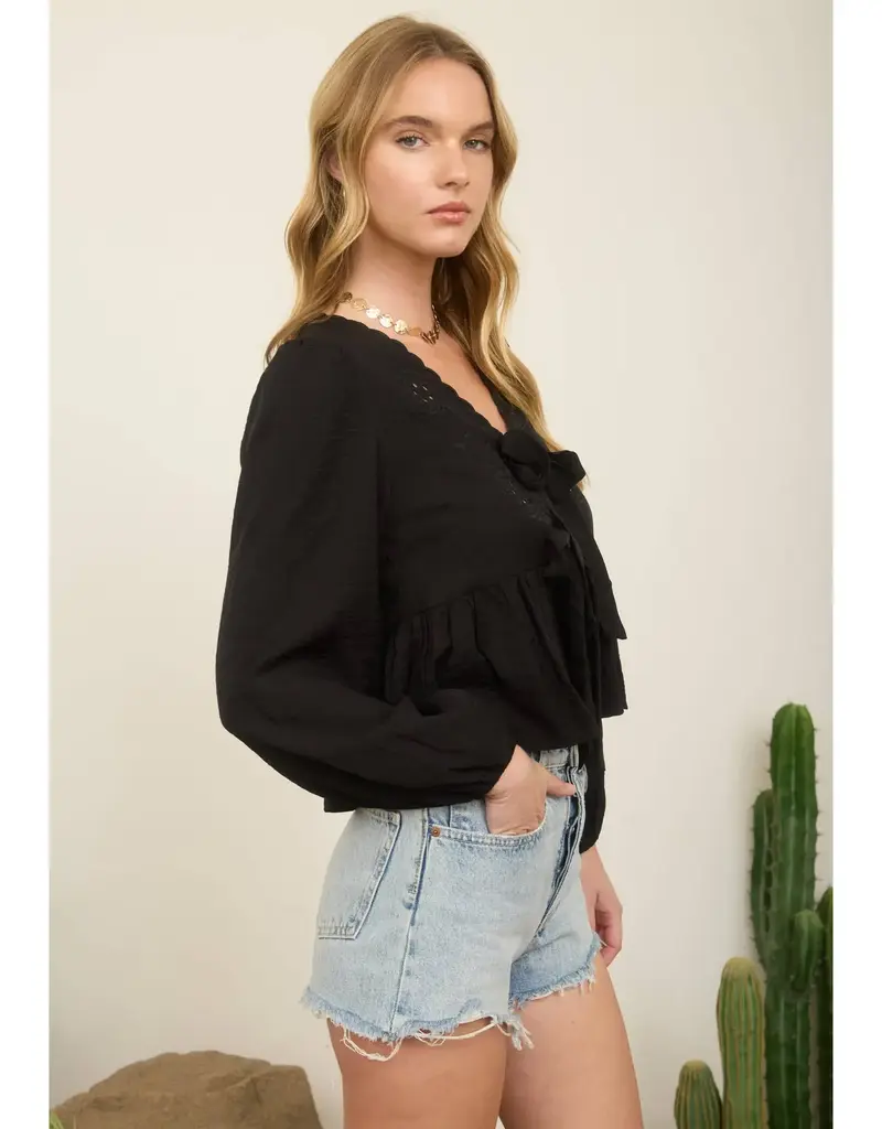 509 Broadway Floral Eyelet Front Tie L/S Top