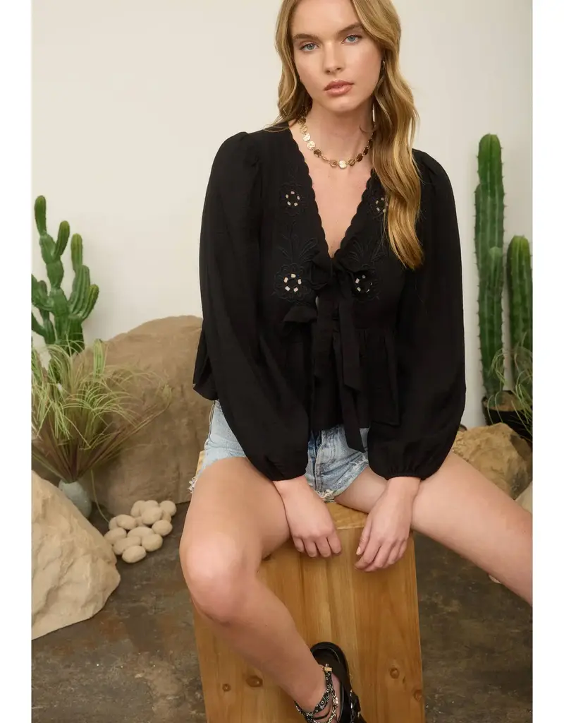 509 Broadway Floral Eyelet Front Tie L/S Top
