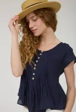 509 Broadway Half Button Pintuck Detail Shoulder Top