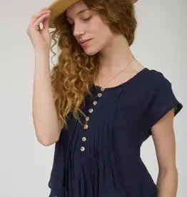 509 Broadway Half Button Pintuck Detail Shoulder Top