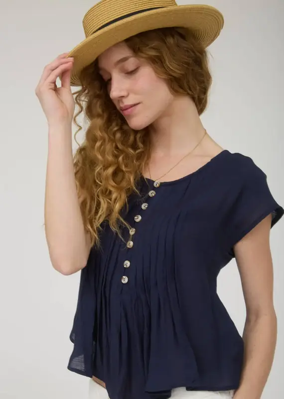 509 Broadway Half Button Pintuck Detail Shoulder Top